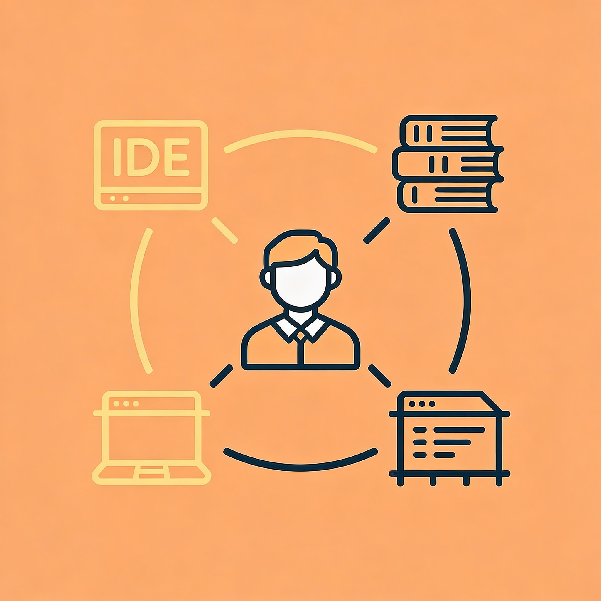 Central developer icon surrounded by multiple IDE, library, and framework icons connected by lines, showing system complexity